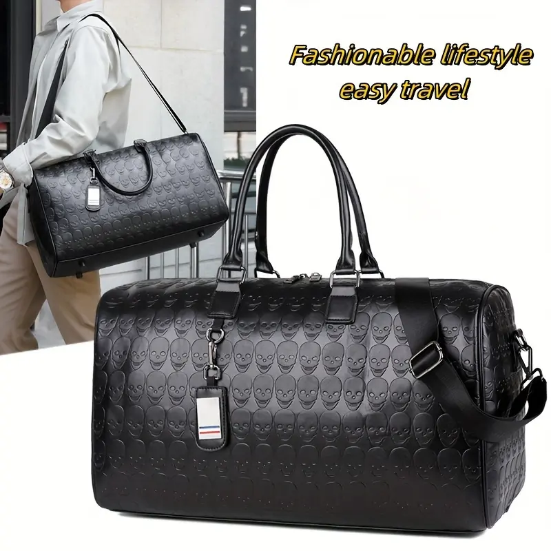 Large Black PU Travel Duffel Bag - Skull Pattern, Adjustable Shoulder Strap, Multi-Compartment Organizer for Men, Ideal for Short Trips, Gym Use, Travel Duffle Bag, Sport Sports Duffels, Multi-Compartment Sports Duffels