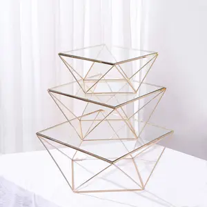 Set of 3 Metal Cake Dessert Stands Geometric Stackable Design Gold with Square Glass Top - Pedestal Display Centerpieces