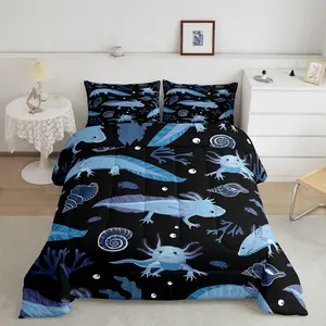 Queen Size 3D Axolotl Pattern Microfiber Breathable Duvet Set - Super Soft Kawaii Black Blue Cartoon Salamander Bedding, Unique Bedding Sets for Bedroom Decor