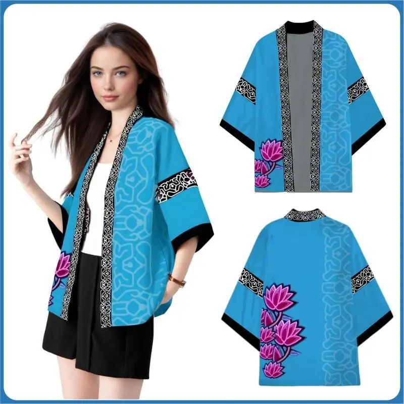 Women's Kimono Christmas Purple Flower Pattern Blue Japanese Kimono Cosplay Cardigan Jacket Cosplay Costume