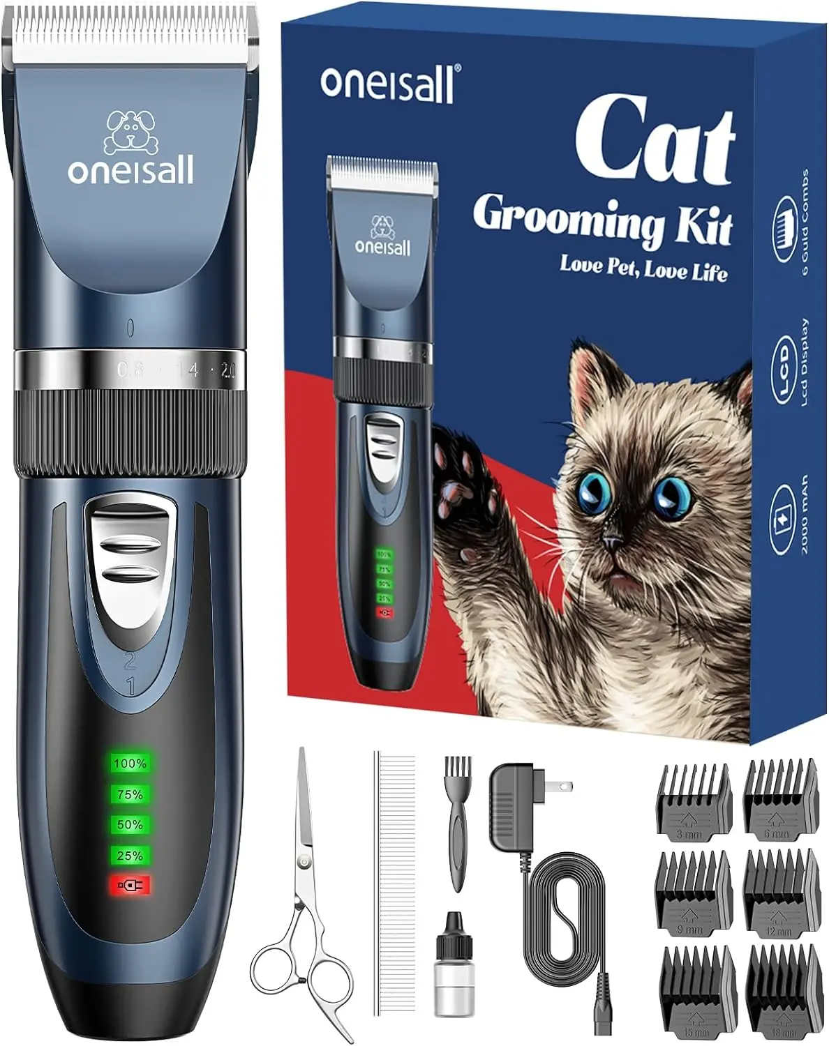 Oneisall Quiet Cat Clippers for Matted & Long Hair, 2-Speed Cordless Pet Shaver Grooming Kit for Cats, Small Dogs & Animals (Blue) oneisall