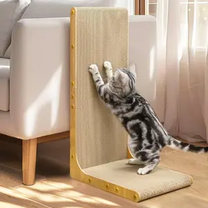 Vertical Scratching Board, 26 Inch L Shape Cardboard Cat Scratcher Wall Mounted, Durable Cardboard to Protect Furniture for Indoor Cats, Light Wood Junbo