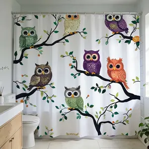 1 Pc Enliven your bathroom with vibrant owl patterned shower curtain featuring woodland designs perfect for bathroom renovation enhance home decoration with nature-inspired eclectic style, Print