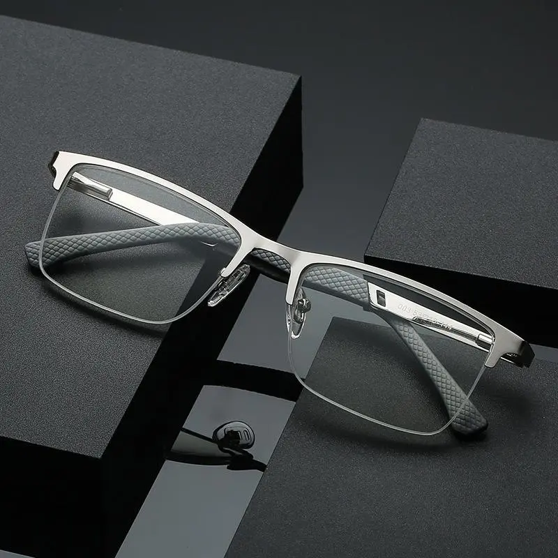 Men's Silvery Half-Frame Gunmetal Business Blue Light Glasses - Anti-Blue Light Office Essential, +1.0 to +4.0 Presbyopia Prescription Aid for Professionals, Non-Prescription Option Available, Gunmetal Non-Prescription Glasses