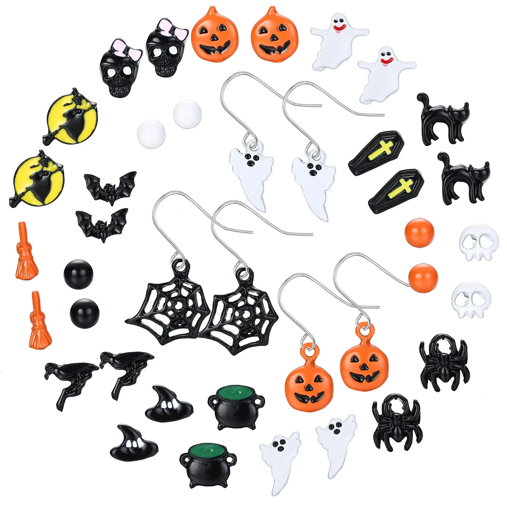 Milacolato 20-Pair Unisex Fit Whimsical Earrings Set, Metal Coated Animal Theme Party Costume Jewelry for Women - Spooky Icons Bat, Cat, Witch Studs, Spider Web, Pumpkin, Ghost Drop Earrings, Halloween Earrings