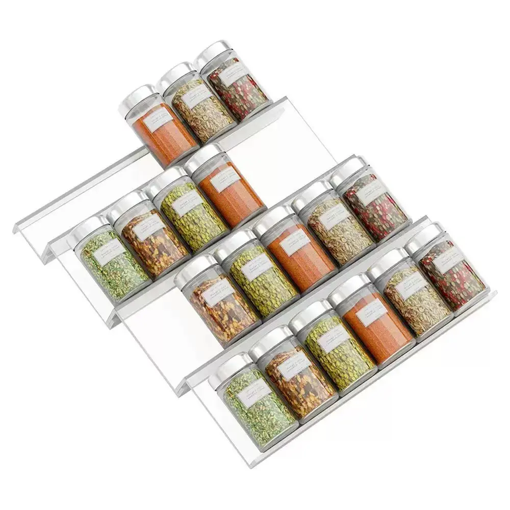 4 Piece Clear Acrylic Spice Storage Organizer Set, Condiment Storage Rack, Stackable Seasoning Bottle Rack for Kitchen Drawer, Countertop and Cabinet Organization, Space Saving Spice Holder Box Containers, Drawer Organizers Set