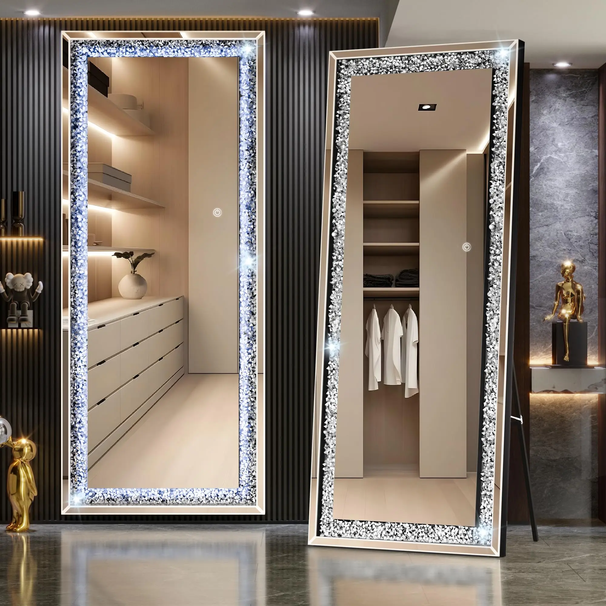 Hasipu Elegant LED Full-Length Arch Glass Mirror with Acrylic Crystal Crush Diamond, MDF Hanging Wall-Mounted Lighted Makeup Mirror for Bedroom Decoration, Space-Saving Gift for Girlfriend