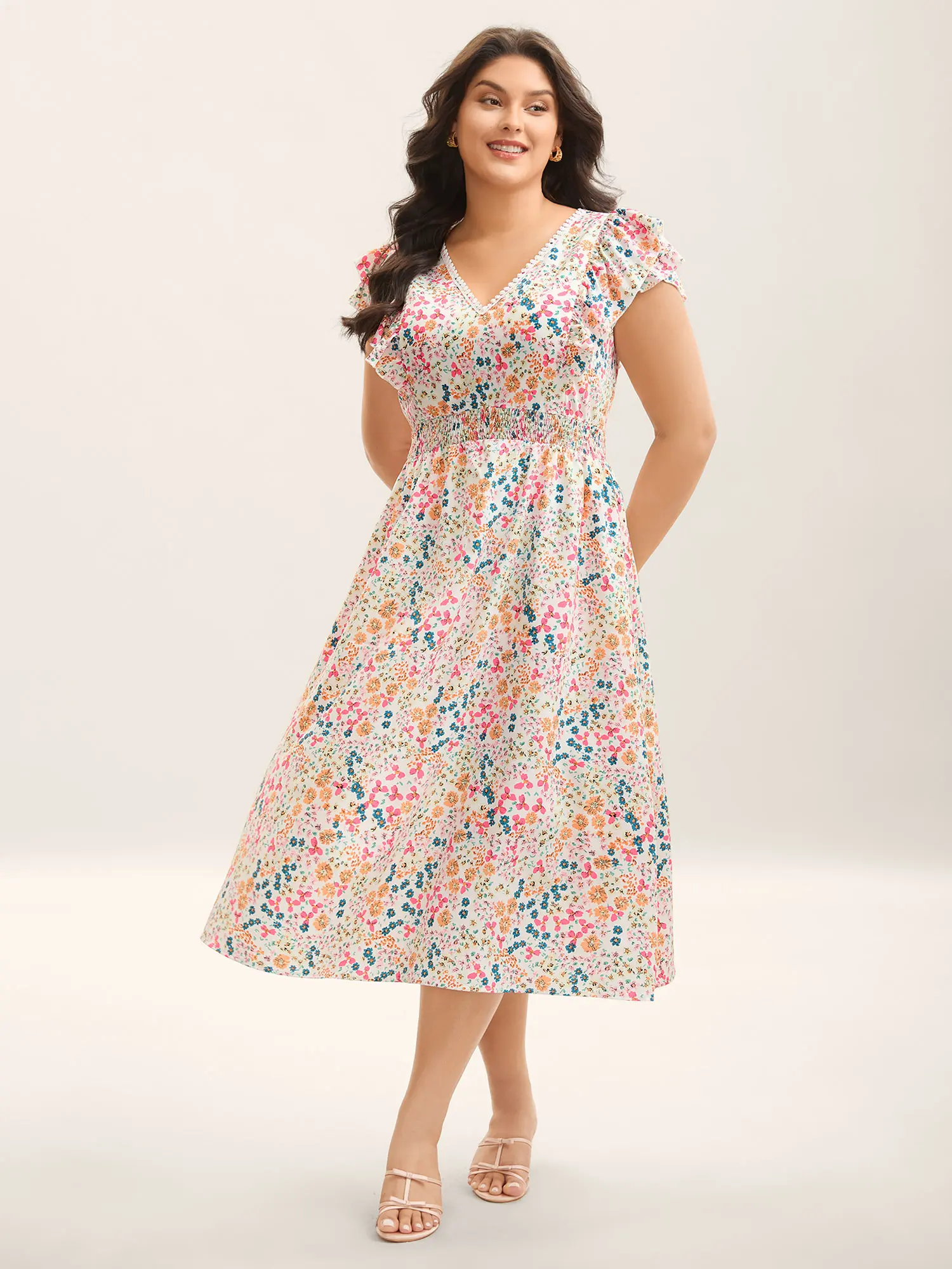 Women's Ditsy Floral Casual Midi Dress, Timeless V-Neck Summer Dress with Ruffle Short Sleeves and Pockets, Casual Dresses, Midi Length