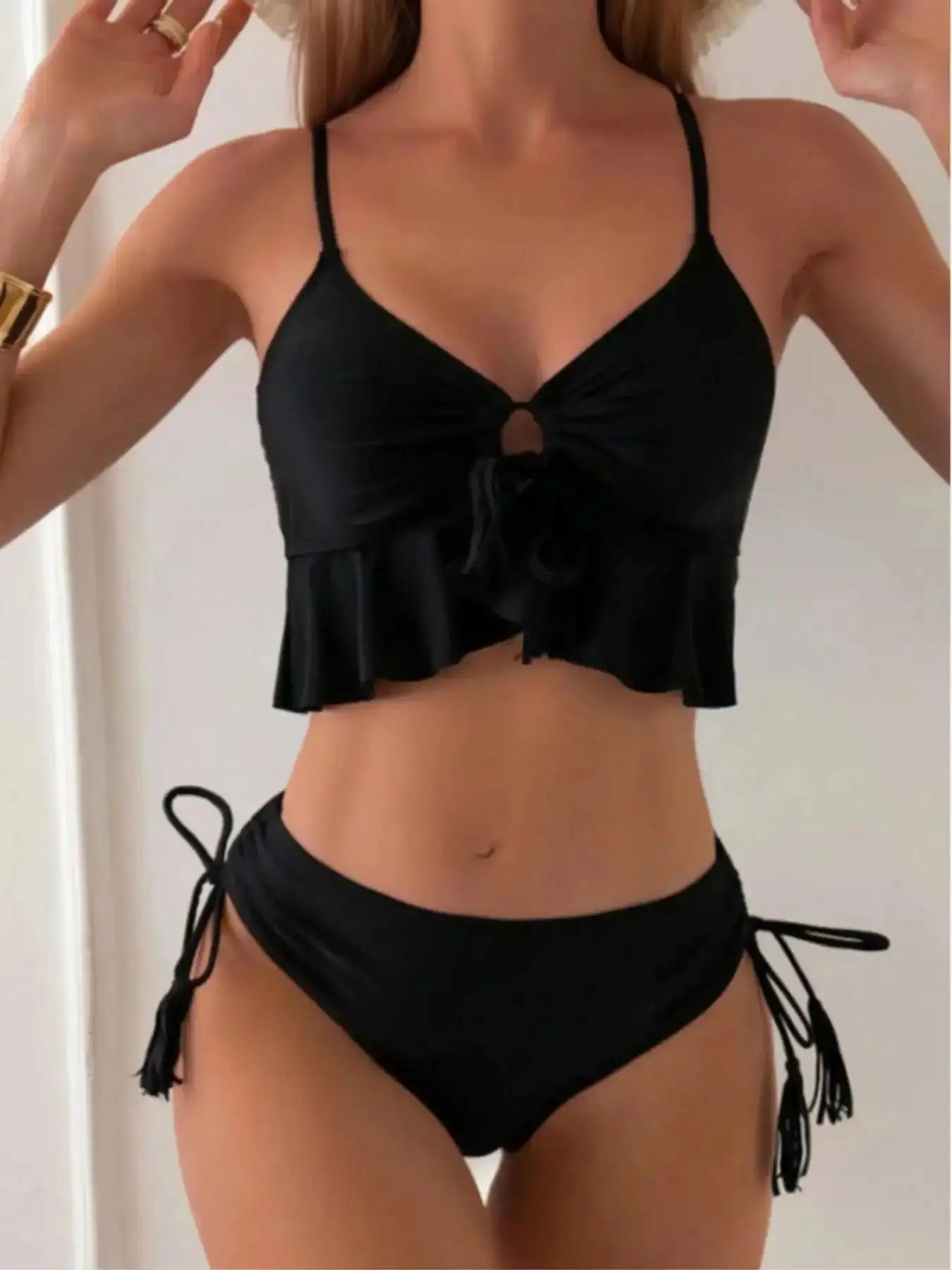 Summer Beach Hollow Out Tie Thin Strap Bikini Set, Casual Slim-Fitting Swimwear, Plain Pattern, All Seasons, Swim Suits, Swimsuit For Beach, Trendy Beachwear, Body Shaping, Fashion Vacation, Coastal Vibes