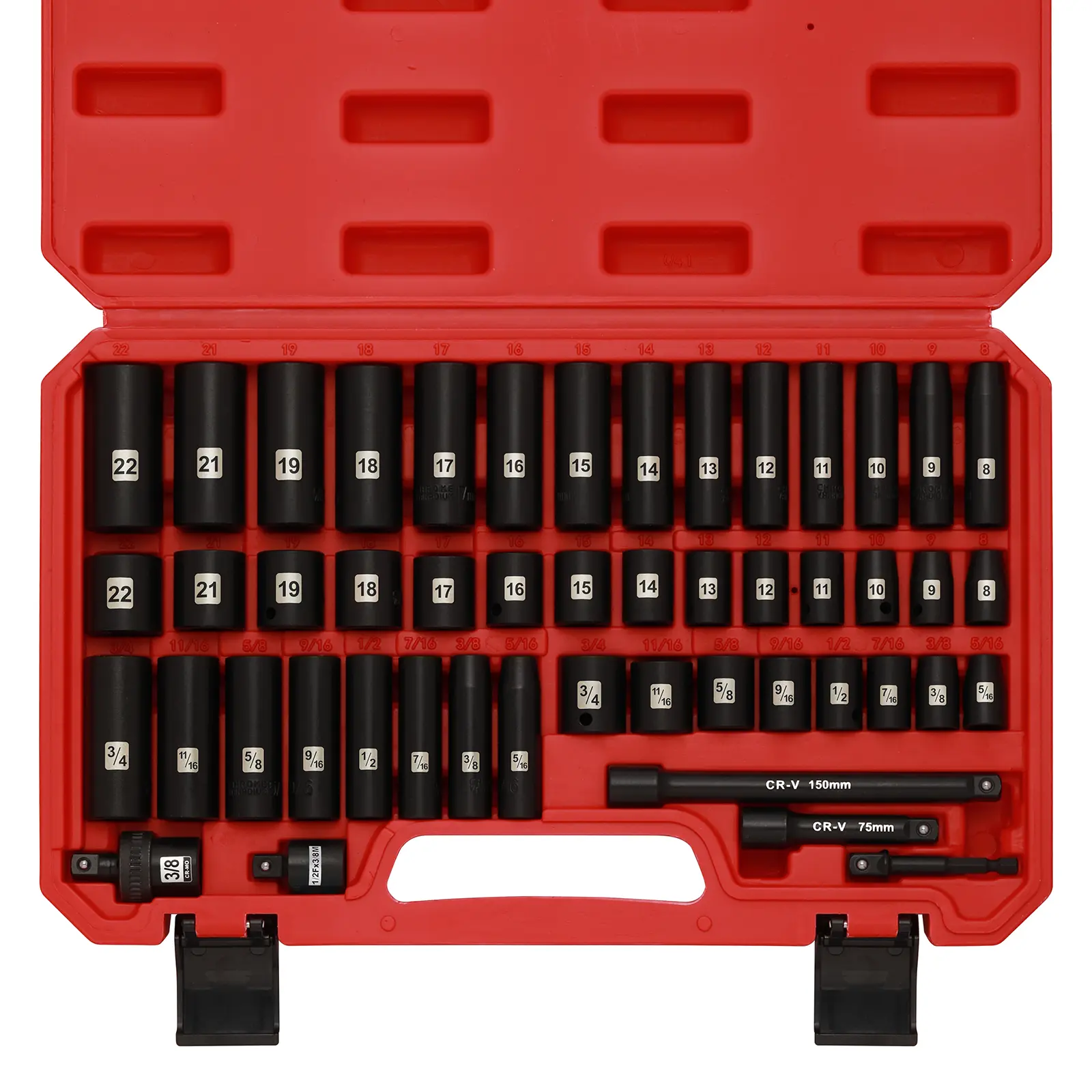 49-Piece 3/8" Drive Impact Ready Steel Tools Kit Set, Multi-Size SAE/Metric 6-Point Secure Impact Sockets (5/16"-3/4", 8-22MM) with Extension Bar, Adapter, Universal Joint Hex Wrenches for Sports & Outdoor Strength Training Equipment, Impact Sockets Set,s