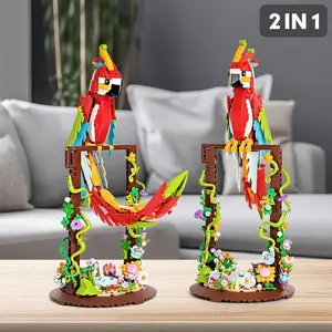 2-In-1 Parrot Building Blocks, Transformable Macaw Bird with Floral Base, Realistic Animal Bricks Kit, Perfect Gift for Bird Lovers