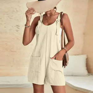 Women Sleeveless Ribbed Romper Shorts Loose Fit Button Up Tank Top Casual Jumpsuits with Pockets