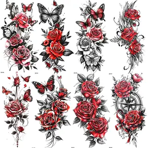 8 Floral Temporary Tattoo Stickers, Fashion Rose Butterfly Wing Compass Pattern, Waterproof Fake Tattoos for Women, Lasts 2-5 Days