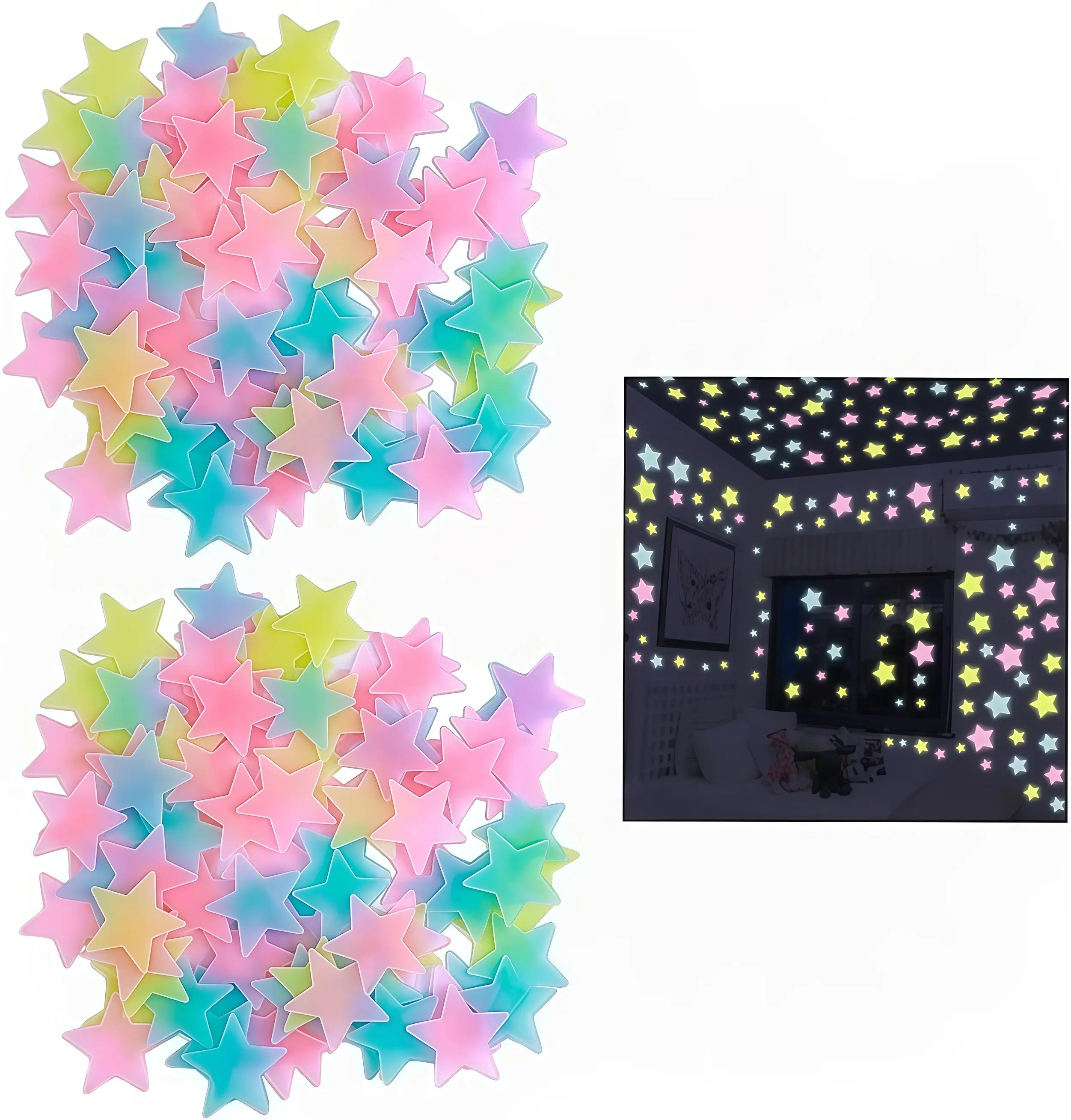 200pcs luminous star wall stickers, colorful luminous star stickers, detachable adhesive wall stickers, 3D luminous star decoration, luminous dark star ceiling stickers for bedrooms, detachable fluorescent star wall stickers