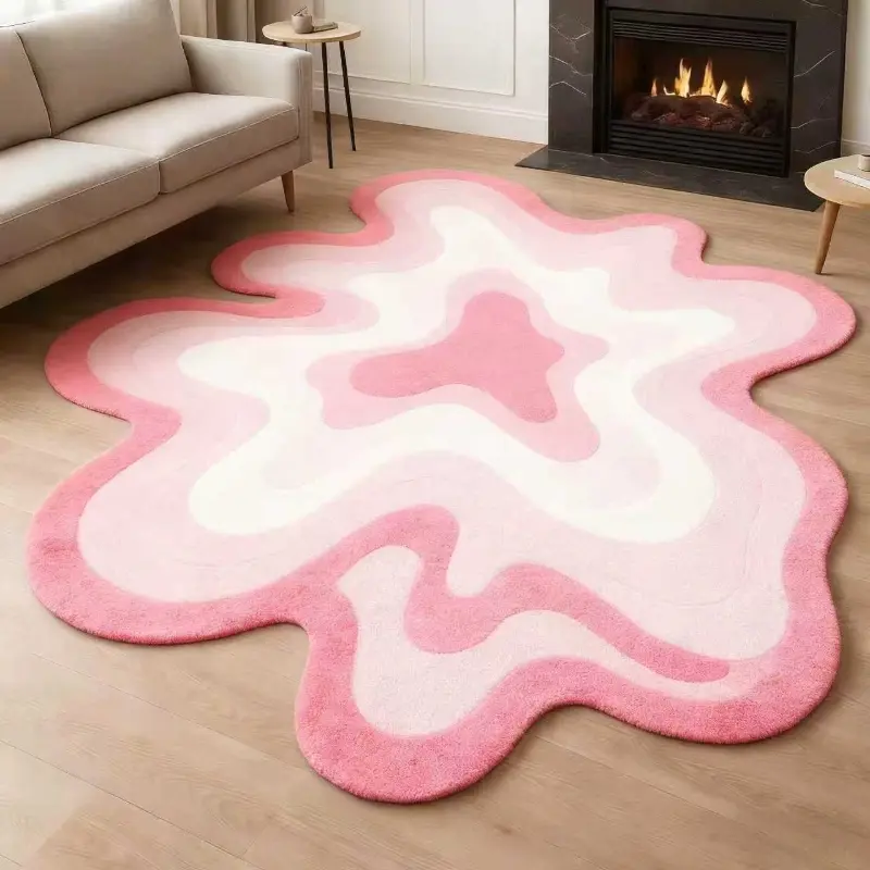 1pc Minimalist Art Style Living Room Coffee Table Carpet, Pink Gradient Bedroom Decoration Ripple Pattern Rug, Fuzzy Decorative Rug, Fluffy Irregular Shape Cloakroom Plush Carpet, Bathroom Non-slip Washable Floor Mat