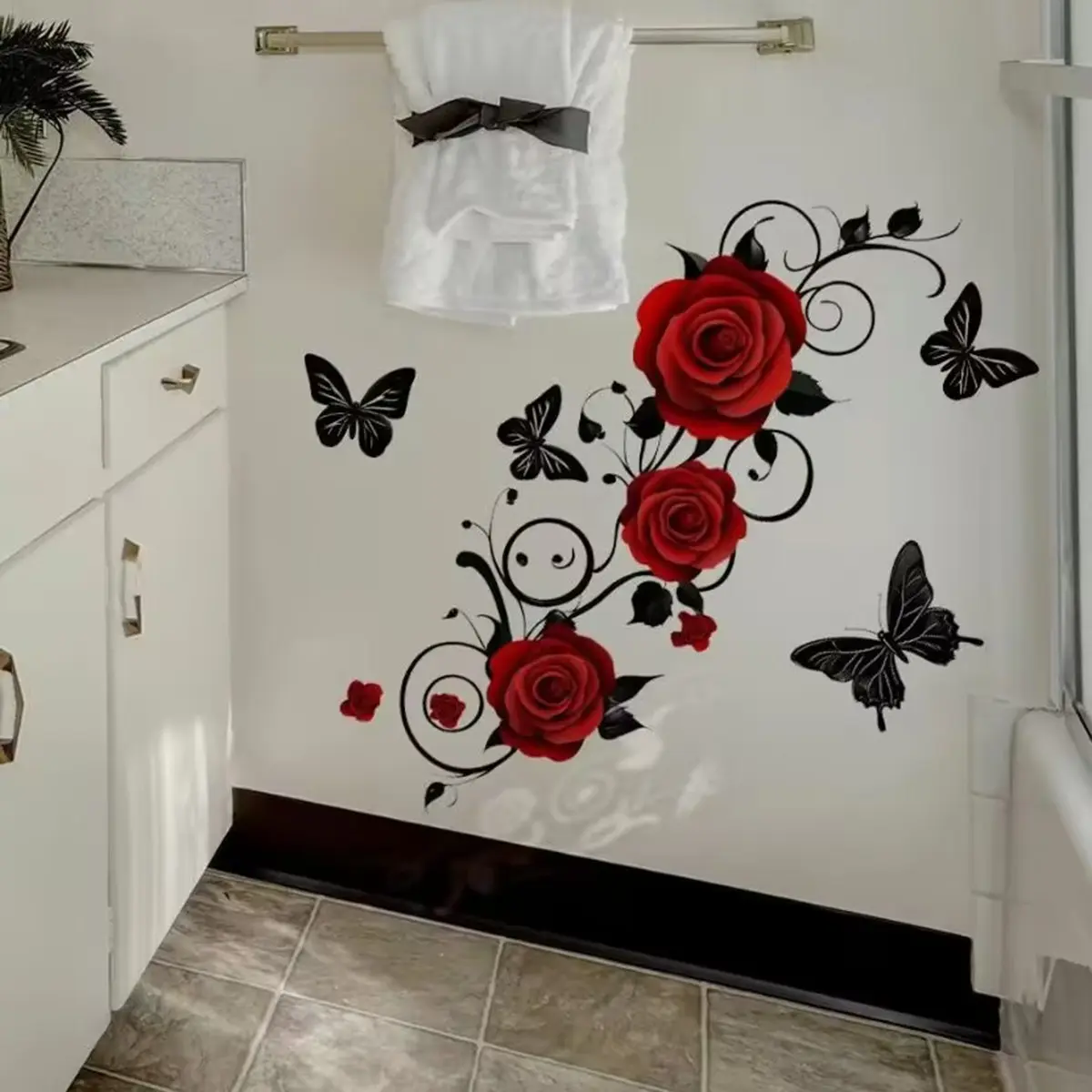 Rose and Butterfly Pattern Wall Sticker, Floral Pattern Sticker, Self-Adhesive Decorative Decal, Home Living Room Bedroom Decoration, Decoration Items, Floral Wall Decals, 1 Sheet