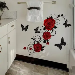 Rose and Butterfly Pattern Wall Sticker, Floral Pattern Sticker, Self-Adhesive Decorative Decal, Home Living Room Bedroom Decoration, Floral Wall Decals, 1 Sheet