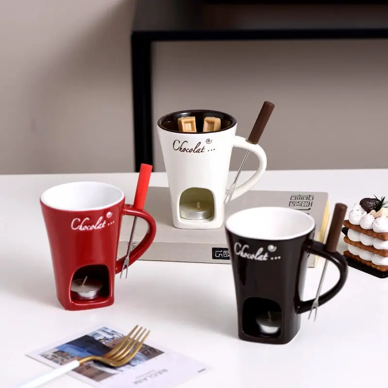 Chocolate melting furnace, red, white, and black ceramic atmosphere hot pot cup Mug with fork, comes with candles, Christmas, Thanksgiving, birthday party activity supplies, gifts
