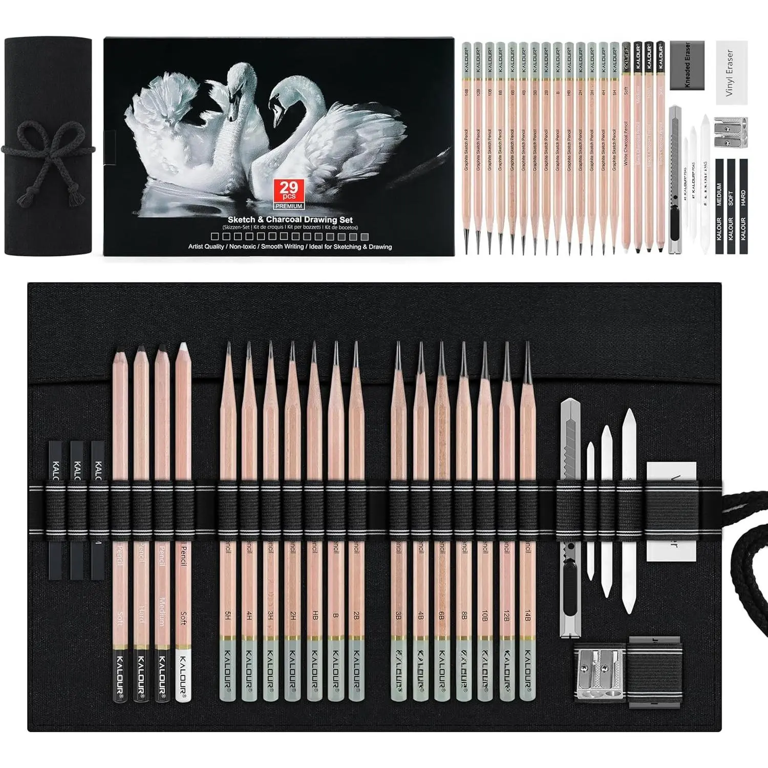 29 Pro Sketching Drawing Pencils Set with Roll-Up Nylon Case - 14 Graphite Pencils (14B-5H), Charcoal Pencils, Erasers, Sharpener & Stumps - Complete Art Kit for Artists & Beginner