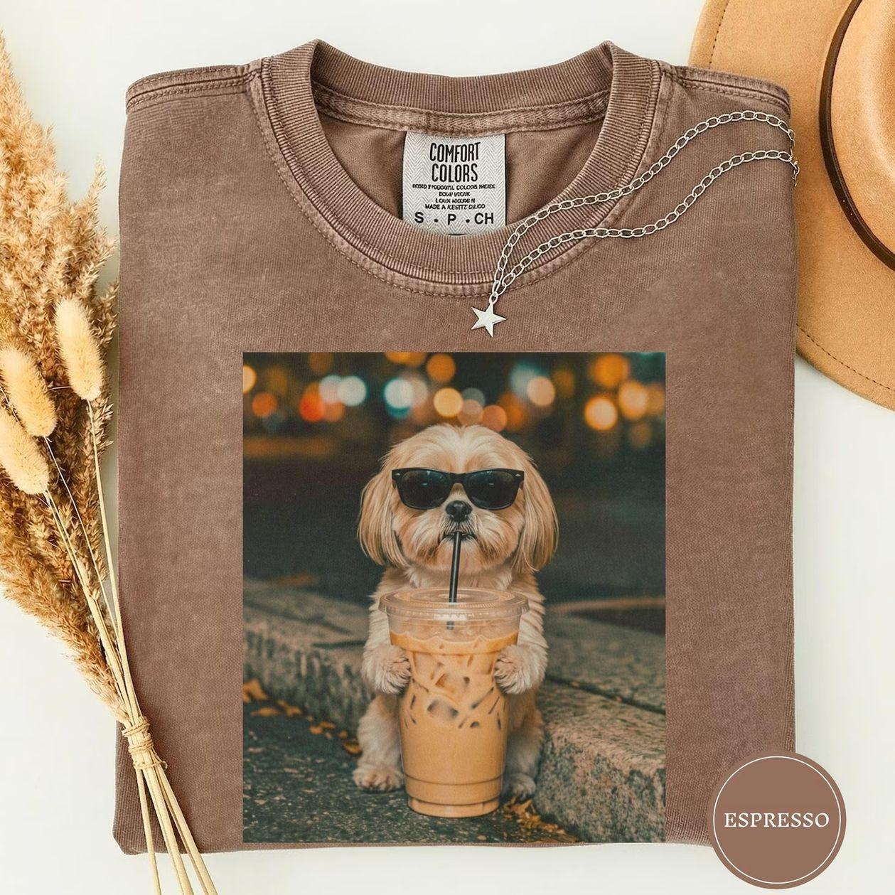 Comfort Colors Funny Shih Tzu Drinking Iced Coffee Shirt, Animal Meme Tee, Dog Lover Gift, Funny Shih Tzu Shirt, Coffee Tee, Cute Dog Mom Gift JP