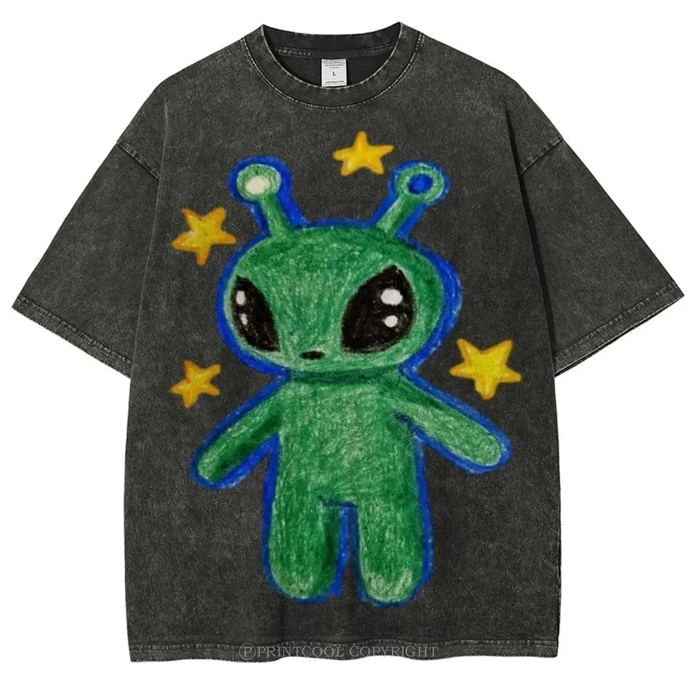 Cute Alien Unisex Vintage Washed Tee, Unisex Vintage Washed Tee, Vintage Coloful Tee - Oversized Shirt - Natural & Animal Planet Unisex Streetwear Casual Prints Top