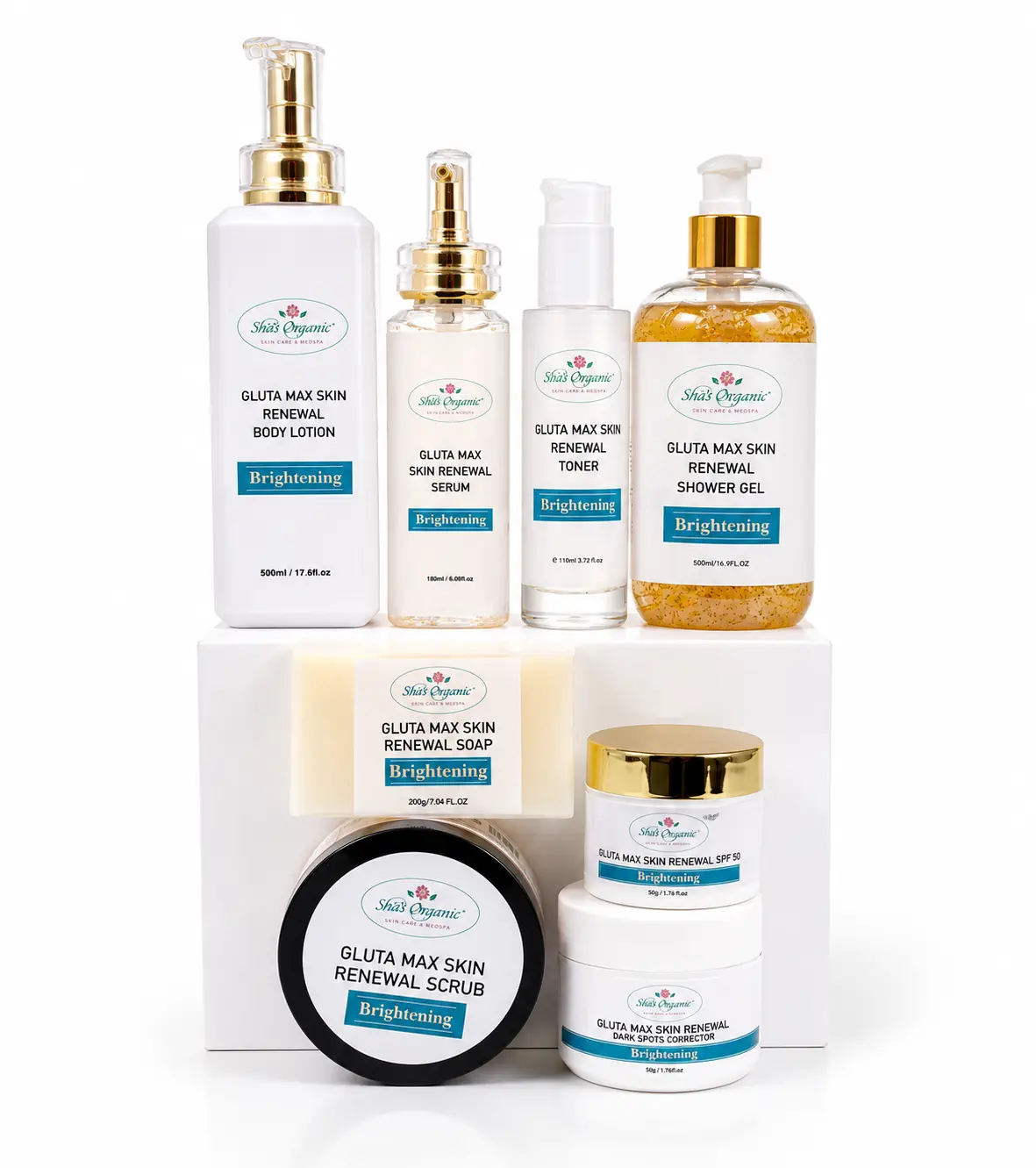 Sha's Organic Skincare New Gluta Max Organic Skin Renewal Pack - Moisturizing Beauty Routine Kit with Dark Spot Soap, Repair Serum, Moisturizer, Vitamin C, Hyperpigmentation Treatment, Lotion for Women's Self-Care Gifts, Radiant Glow, Smooth Skin Routine
