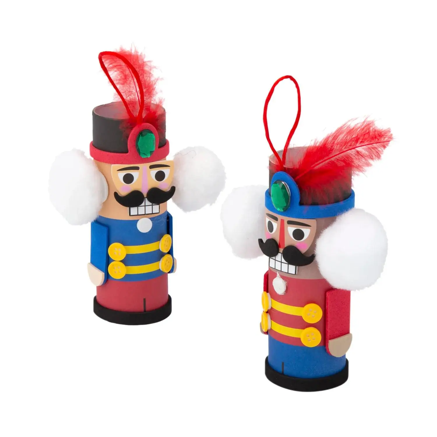 Kids Handmade Multicolor Holiday Satin Plastic Nutcracker Figure Craft Kit - 3.75in x 6.5in, Self-Adhesive Foam, Feather, Tube, Rhinestones, Pom-Poms, Makes 12 Christmas Tree Ornaments, Gifts for Parents, Grandparents