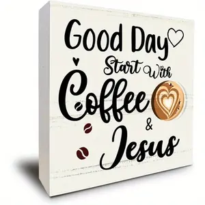 Coffee Sign Decor, Coffee Table Decor, Decorative Plaque, Rustic Farmhouse Design, Good Day Start With Coffee and Jesus, Wood Box Sign Block Coffee Table Decorations for Coffee Bar Home Office Shelf Decor 5 x 5 Inch, White