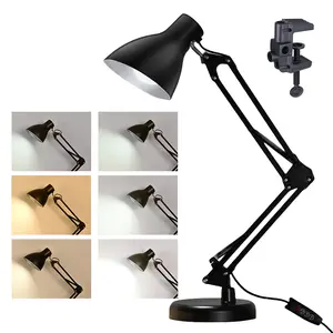 Metal rotating arm table lamp with 3 brightness levels, adjustable and flexible, featuring a dual-function base-and-clip design, suitable for bedrooms, living rooms, offices, homes, construction sites, and study areas.
