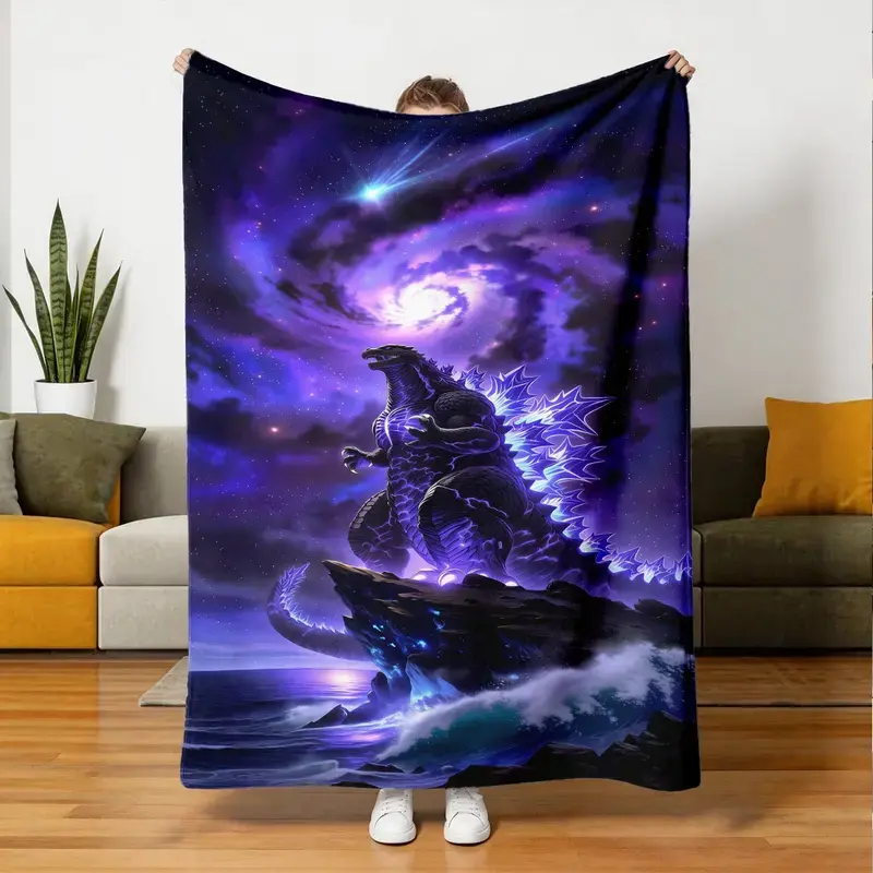 Godzilla Giant Monster Throw Blanket, Kaiju Dinosaur City Fleece Print for Bed and Sofa, Dramatic Movie Room Cover for Teen Bedrooms and Adult Lounges, Birthday Holiday Gift for Monster Film Fans, Collectors and Kids