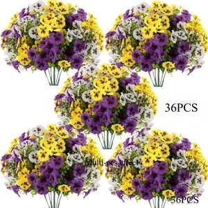 36pcs Artificial Pansy Bouquet Resistant to UV Rays (Including 12 Yellow, 12 White, And 12 Purple Stems) Suitable for Home Decoration, Can Be Used Indoors Or Outdoors, Perfect for Yard Decoration, Porches, Garden Embellishments, Window Box Decor