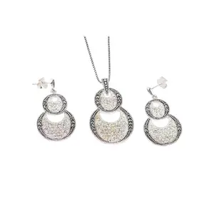 925 Sterling Silver Marcasite Double Circle Jewelry Set – Necklace 16” 18” 20” (1mm Box Chain) + Earrings