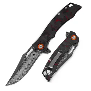 Klaken Wraith J385, Damascus  Blade With Red Carbon Fiber Handle Outdoor Camping Pocket EDC Tool Knives
