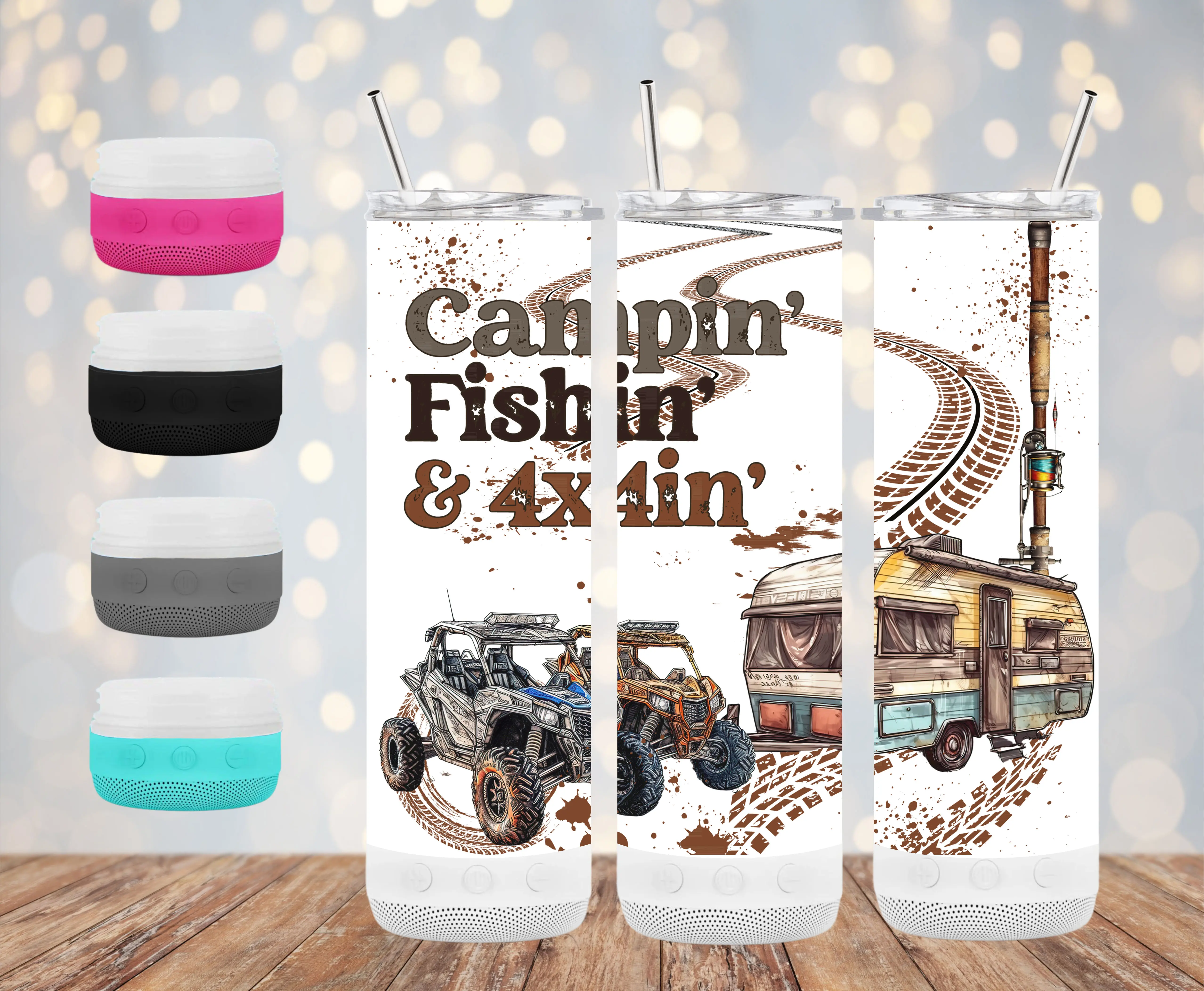 Camping, Fishing, ATV or 4x4 tumbler, Bluetooth speaker tumbler, Glow in the Dark speaker Tumbler, 4 in 1 speaker tumbler, can cooler speaker
