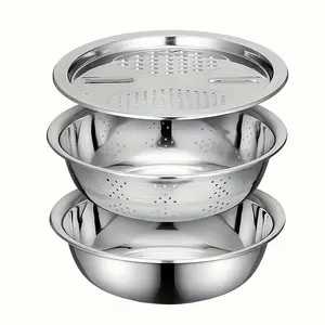 3-Piece Kitchen Set, Stainless Steel Mixing Bowl & Cutting System, Easy Clean Design, Space-Saving, Ideal for Home Cooking, Durable Kitchenware