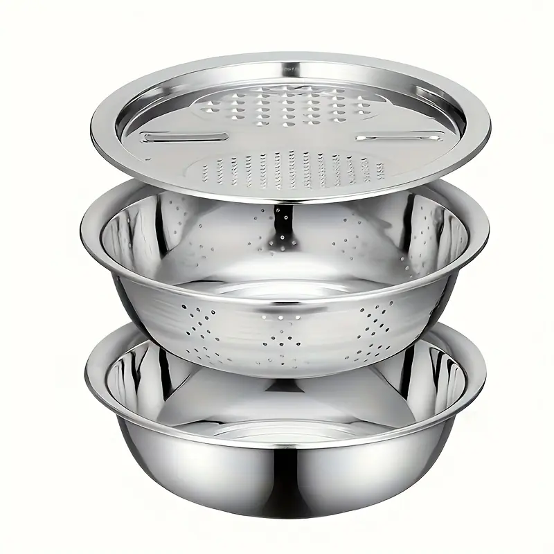 3-Piece Kitchen Set, Stainless Steel Mixing Bowl & Cutting System, Easy Clean Design, Space-Saving, Ideal for Home Cooking, Durable Kitchenware