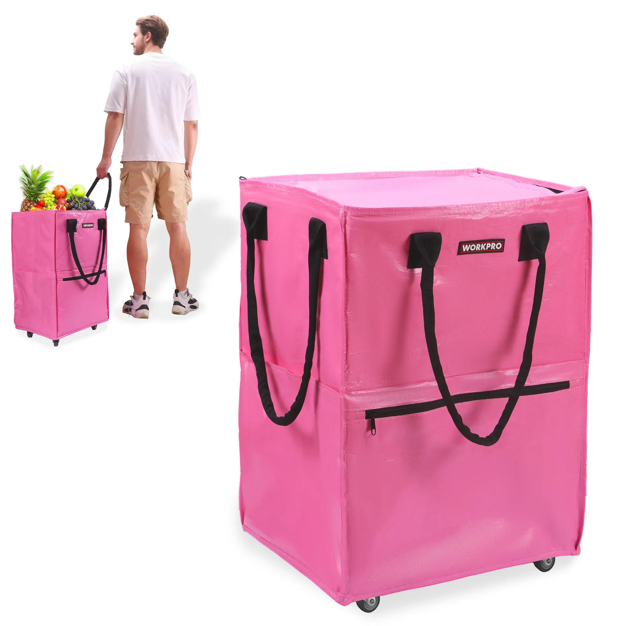 #summersale WORKPRO Medium Reusable Grocery Bag on Wheels, Heavy Duty Rolling Shopping Tote with Handle, Folding Trolley on 4 Caster Wheels for Groceries, Laundry, Camping, Moving
