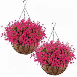 2 Set Artificial Outdoor Flowers Artificial Hanging Flowers Plant UV-resistant Windproof Waterproof Faux flowers with 2 Hanging Basket 2 Hanging Planters 40 Flowers for Spring Summer Porch Home Outdoor Decoration Garden Pot Front Courtyard Patio Lawn