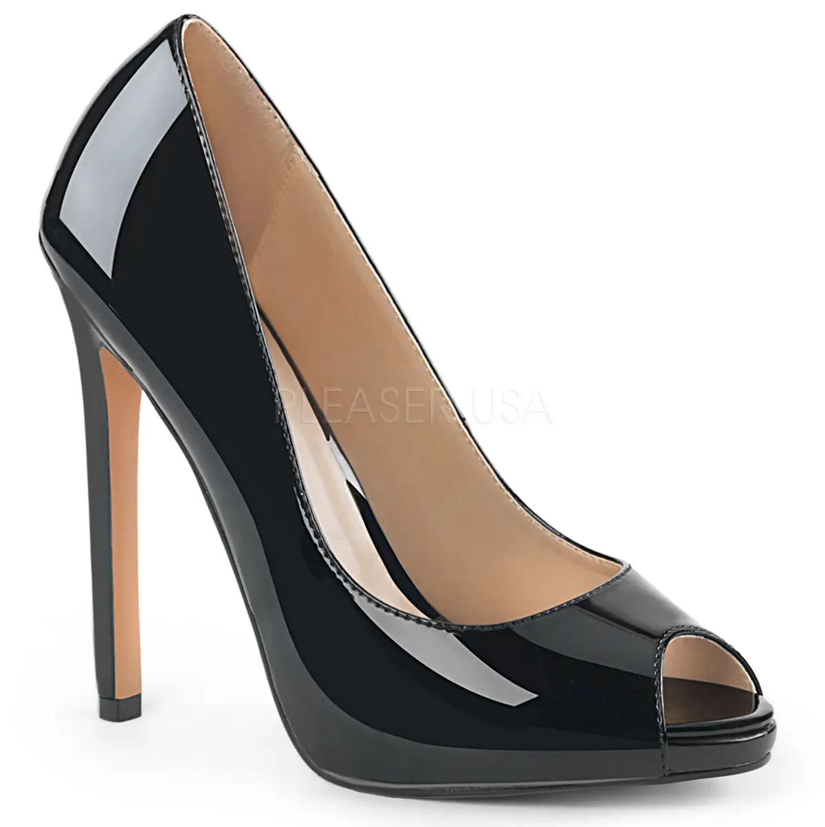 Women's Classic Peep Toe Pumps in Black Patent Leather, 5 in Stiletto High Heel with Platform, Formal Evening Party Footwear, Shoe, 5" (127 Mm) Stiletto Heel, Classy, Stylish, Elegant, Fashion, Heeled, 5-Inch Heel