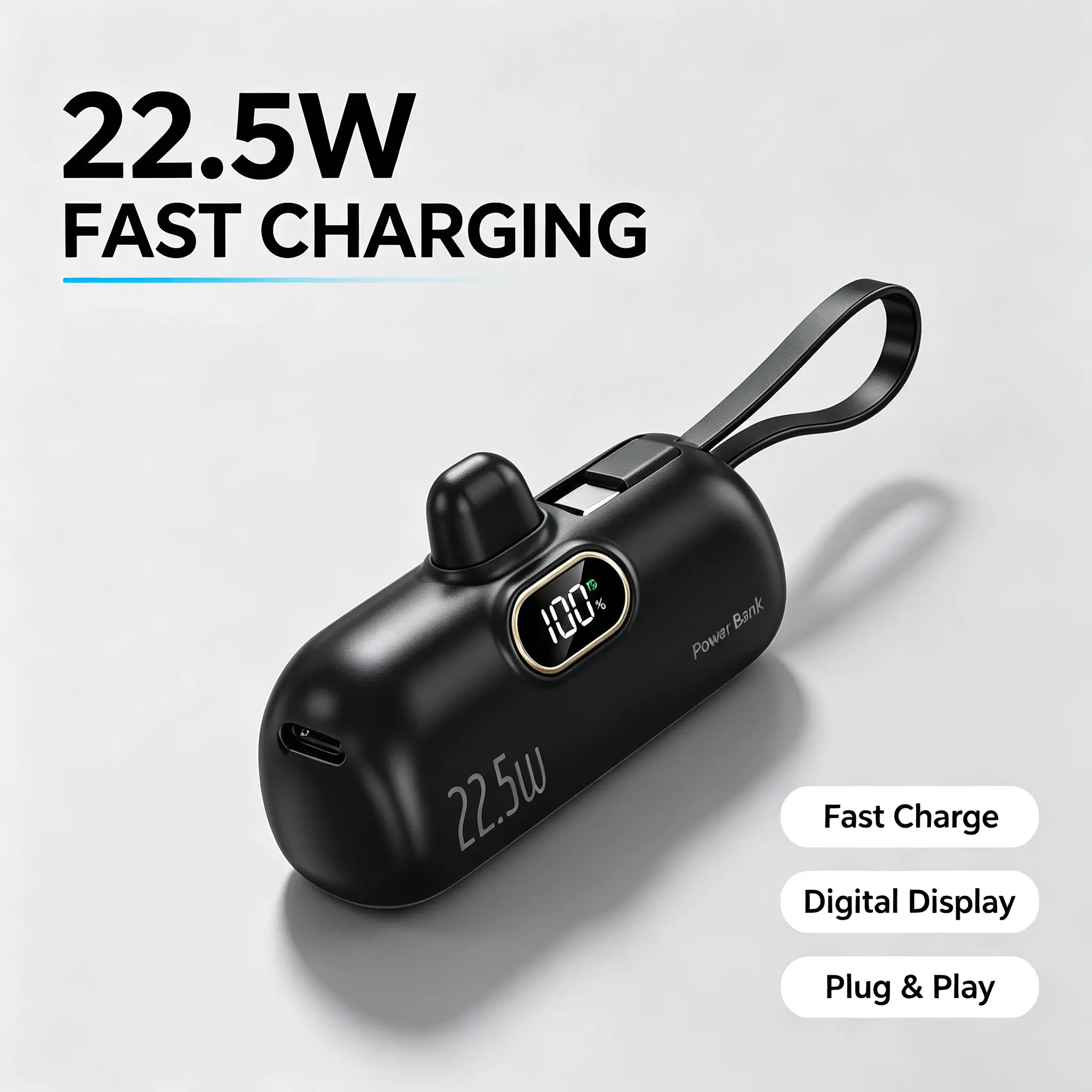 22.5W Fast Charging Power Bank with Digital Display, Plug & Play Portable Battery Pack for Phone Quick Charging