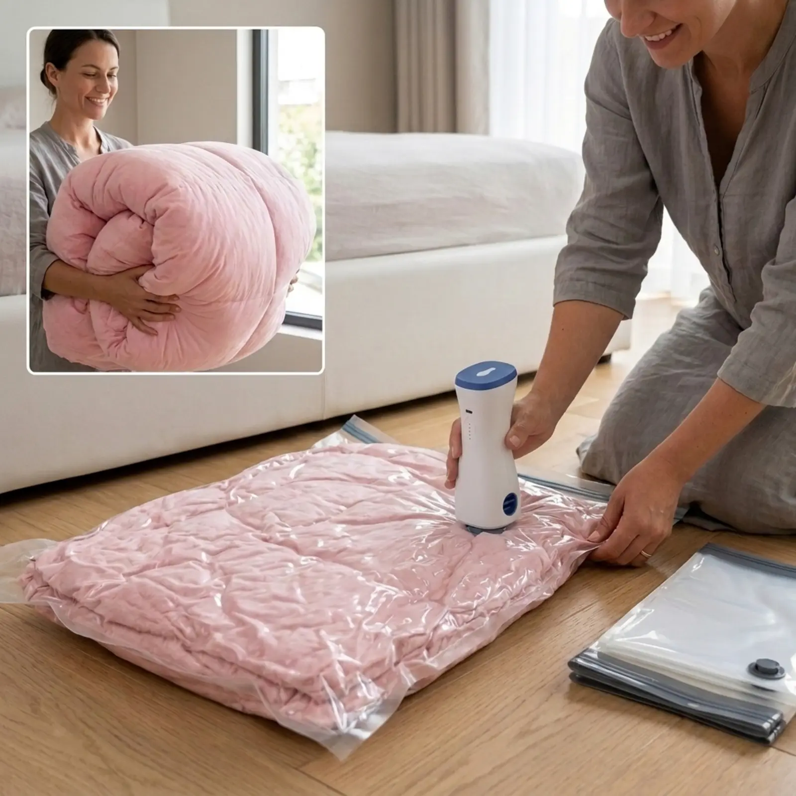 15 Pack Vacuum Bags for Travel with pump Vacuum Storage bags for clothing | Rechargeable Inflation & Deflation Dual Use Reusable Space Saver Bags cordless travel vacuum bag set for Luggage and Suitcase home organizer