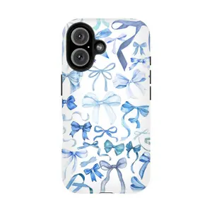 New Fashion Popular Accessories Cute Premium Blue Bow Simple Aesthetic Pattern Lens Protective Case, Shockproof 2 in 1 Premium Phone Case for iPhone 16 Pro Max, 15, 14, 13, 12, 11 Plus, Pro, Suitable for Party, Birthday Gift for Friends and Family