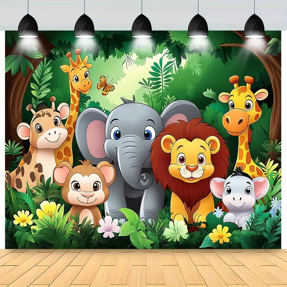 2D Flat Cartoon Forest Animal Happy Birthday Backdrop Banner, 1PC Reusable Polyester Party Decoration Supplies, Children's Photo Backdrop