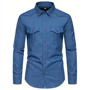 [Casual Shirt] 1pc Men's Casual Long Sleeve Polyester Blend Shirt |   Faux-Denim Solid Color with Elastane, Lapel Collar, Button Details, Non-Stretch Woven Fabric, Regular Fit for Spring/Fall - Adult Fashion