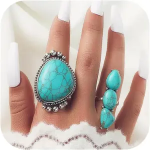 Bohemian Turquoise Ring for Women Western Rings Jewelry Stackable Knuckle Ring Set Vintage Rose Leaf Ring Set for Women
