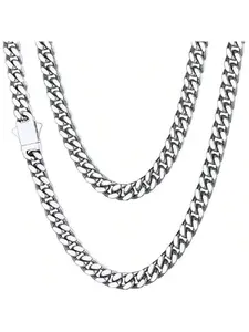 Men's Stainless Steel Chunky Cuban Chain Necklace, Width 8mm, Length 16-28in, Silver Color Hypoallergenic Jewelry, Punk Style, All Seasons, Modern Versatile Accessories, Stainless Steel Necklaces