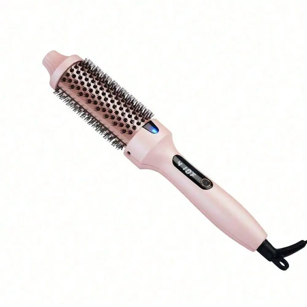 1.5-Inch Ionic Thermal Hair Brush - Anti-Heat PTC Styling Tool with Digital Display, Daily Elastic Curl, Frizz Control & Sleek Blowout, Blush Pink, Thermal Brush, Straightening Curly Hair