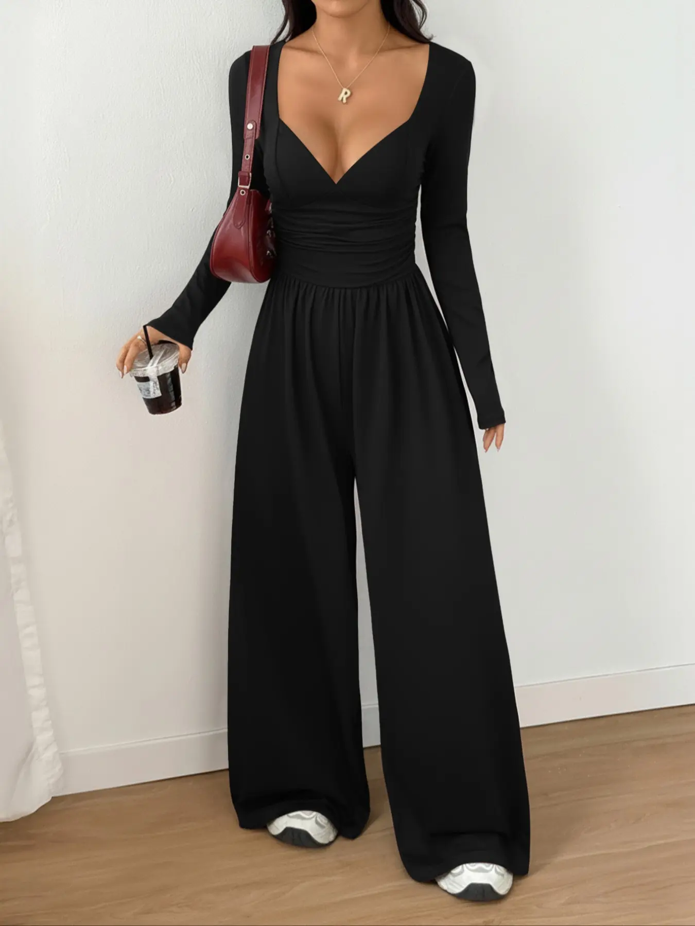Women's Deep V Neck Ruched Waist Slim Fit Wide Leg Solid Long Sleeve Fitted Bell Bottom Jumpsuit, Casual Fashion Basic Aesthetic All-Season Everyday Wear, Versatile Daily Womenswear, Casual Jumpsuits, Flare Leg Jumpsuit