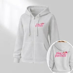 Women's Pink Cartoon Pattern Zip-Up Hooded Jacket, A Casual Outerwear Piece And Long-Sleeved Hoodie, Suitable For Autumn, Winter, And Spring. Perfect For Everyday Casual Wear And Indoor And Outdoor Activities.
