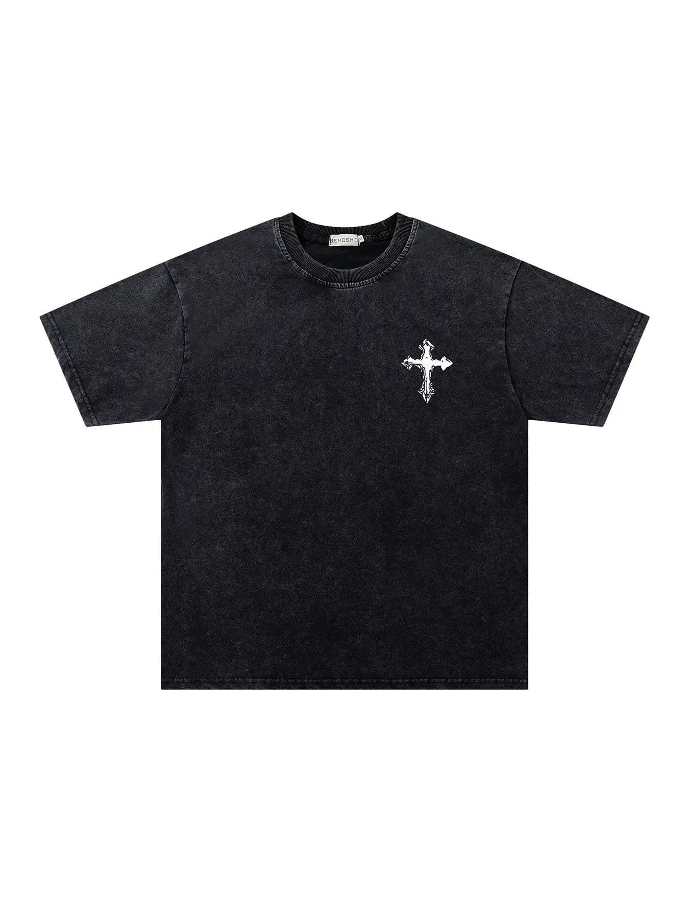 American Vintage Dark Street Style Heavy Wash Tie-Dye Skull & Cross Print T-Shirt, Unisex Casual Loose Fit Short Sleeve Top, Casual Design